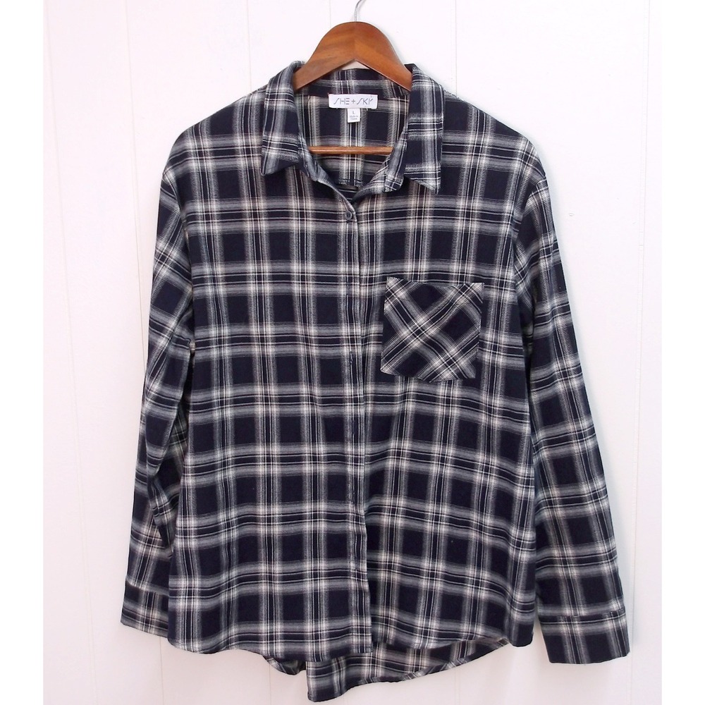 She + Sky Womens Large Flannel Shirt Long Sleeve‎ Plaid Button Up / #9095